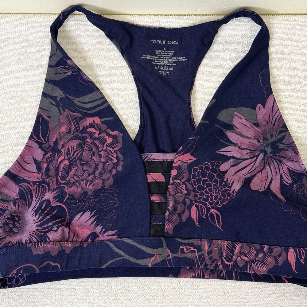 Maurices Women Sports Bra Size Large Racerback Floral Design Blue Pink Bikini